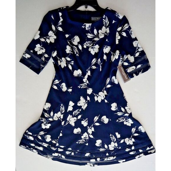 Jessica Howard Women's Petite Sz 4 Navy Floral Print Mesh Trimmed Dress $99 - Picture 11 of 16